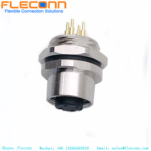M12 PCB Panel Mount Connector, 4 Pins, Female, Rear Lock