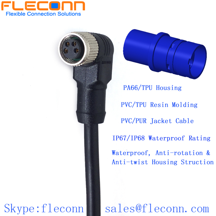 M8 4 Pin Male to Female Right Angle Overmoulded Cable, IP67 IP68 Waterproof Plug Cordset